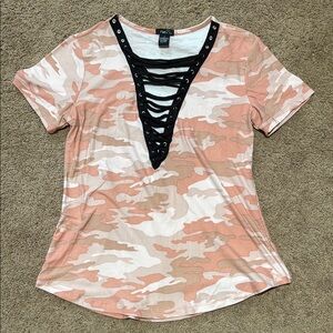 Rue 21 shades of Pink Camo lace-up top
